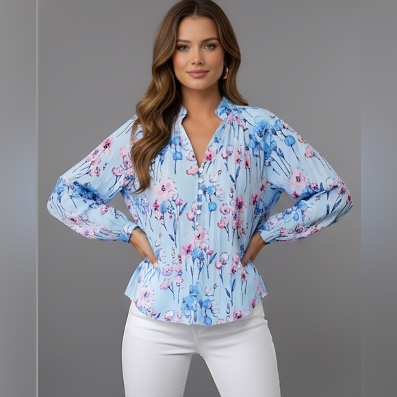 Blue Boho Floral Print Button Down Pleated Shirt - Picture 1 of 5